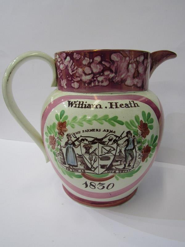 SUNDERLAND POTTERY, pink lustre 9" jug, inscribed "William Heath 1830", with Iron Bridge and Farmers