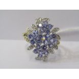 9ct YELLOW GOLD TANZANITE & DIAMOND CLUSTER RING, size P/Q