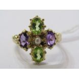 9CT YELLOW GOLD SUFFRAGETTE STYLE RING, amethyst, peridot & seed pearl giving the purple, green &