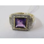 9ct YELLOW GOLD AMETHYST & DIAMOND CLUSTER RING, principal square cut amethyst surrounded by