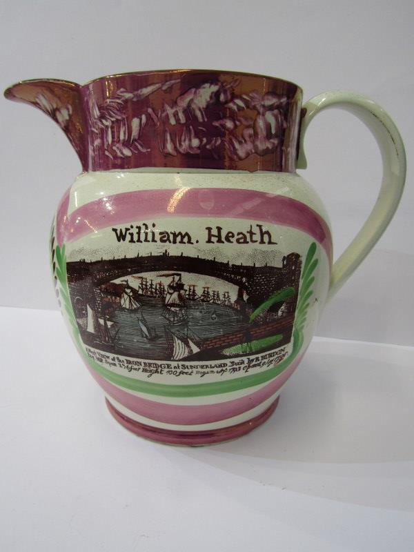 SUNDERLAND POTTERY, pink lustre 9" jug, inscribed "William Heath 1830", with Iron Bridge and Farmers - Image 4 of 5