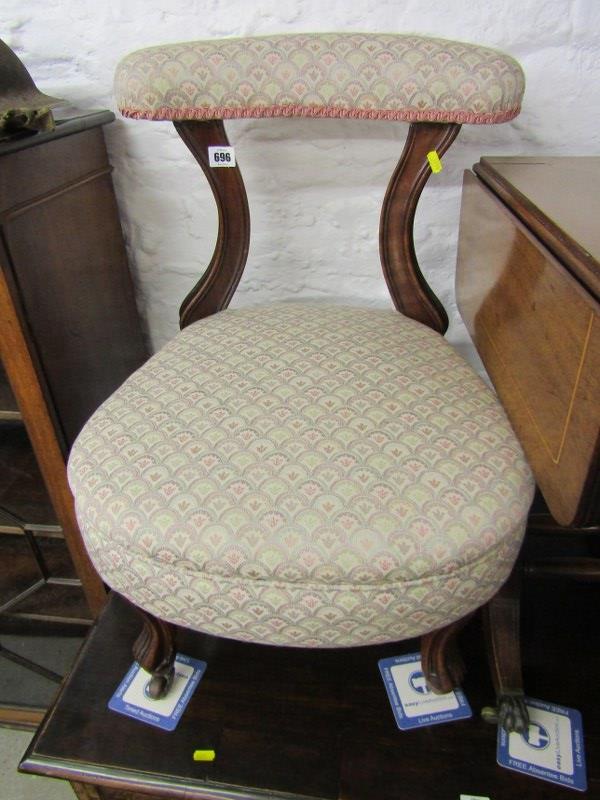 VICTORIAN PRAYER CHAIR, carved scroll feet with original castors and reupholstered in damask