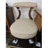 VICTORIAN PRAYER CHAIR, carved scroll feet with original castors and reupholstered in damask