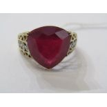 9CT YELLOW GOLD LARGE TRILLION CUT RUBY DRESS RING, principal trillion cut ruby well in excess of
