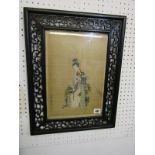 ORIENTAL ART, pair of fine signed Japanese paintings on silk "Geishas playing Koto and Flute", 13" x