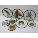 GLASSWARE, collection of 4 animal decorated leaded glass circular window panes and 3 others, max dia