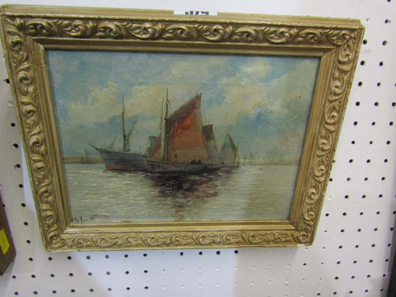 STYLE OF EDWIN FLETCHER, indistinctly signed oil on canvas "Sailing Ships and Freighter off the