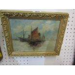 STYLE OF EDWIN FLETCHER, indistinctly signed oil on canvas "Sailing Ships and Freighter off the