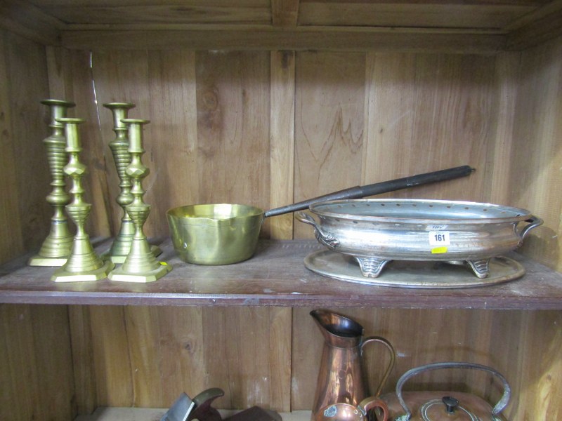 METALWARE, 2 pairs of brass square base multi knop candle sticks, 11" and 10", also brass long