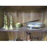 METALWARE, 2 pairs of brass square base multi knop candle sticks, 11" and 10", also brass long