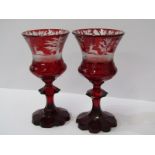 BOHEMIAN GLASS, pair of 19th Century etched ruby glass goblets, with decorated with stag hunts