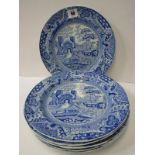 ANTIQUE WELSH POTTERY BLUE TRANSFERWARE, set of 6 "Gateway" pattern 10" plates by Baker, Evans and