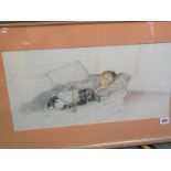 PORTRAIT, pastels, "Boy resting with a sleeping Spaniel on a settee", 10" x 20"