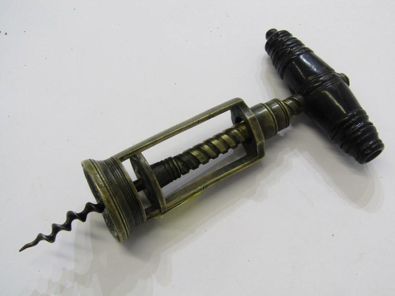 PATENT CORKSCREW, Brass twin pillar caged corkscrew with turned ebony handle (no brush), 7.5" max