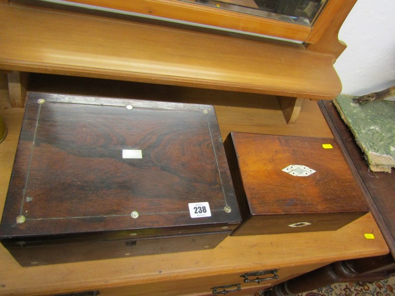 VICTORIAN BOXES, rosewood needlework box carcase; together with similar bone and mother-of-pearl