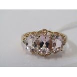 9ct ROSE GOLD 3 STONE MORGANITE RING, size O