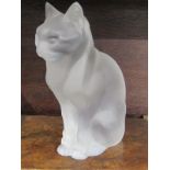 R LALIQUE, a frosted glass seated cat figure, signed Lalique, France, 8" (20.5cm's high)