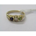 9CT YELLOW GOLD SUFFRAGETTE RING, amethyst, peridot & seed pearl 3 stone ring, giving the green,