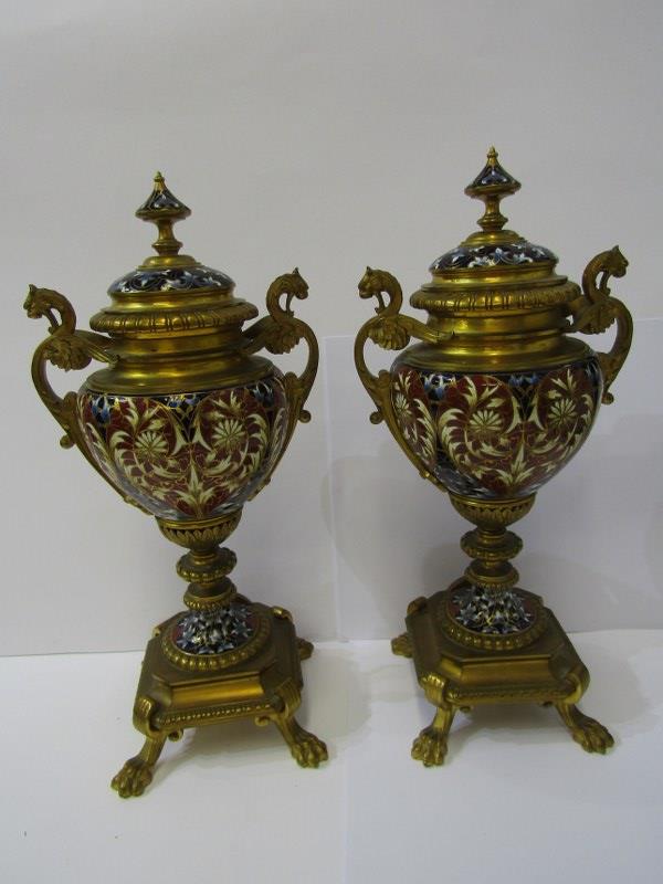 CHAMPLEVE, pair of fine 19th Century European pedestal lidded urn ornaments on claw feet and chimera - Image 2 of 6