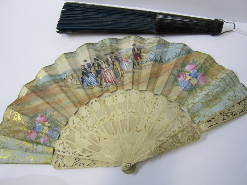 ANTIQUE FANS, 19th Century carved bone Continental fan decorated with Spanish family group, 10.5" - Image 5 of 9