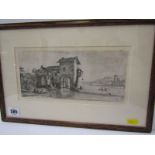 JACQUES CALLOT, signed etching "The Watermill", 4.5" x 9.5" (Colnaghi label on reverse- Lieure