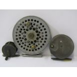 ANGLING, Hardy 'Perfect' fly reel, also aluminium 5.25 centre pin fishing reel and 2" brass winch
