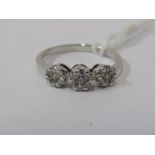 18ct WHITE GOLD TRIPLE CLUSTER RING, 3 illusion set diamond clusters, set to form a 3 stone ring,