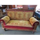 IMPRESSIVE ART NOUVEAU SETTEE, Art Nouveau high back scroll arm mahogany framed settee with original