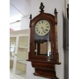 VICTORIAN PARQUETRY WALL CLOCK, walnut straw work decoration and arch top wall clock, 39" height