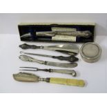 SILVER PILL BOX, maker TW, Birmingham, silver handled button hook and horn and silver handled
