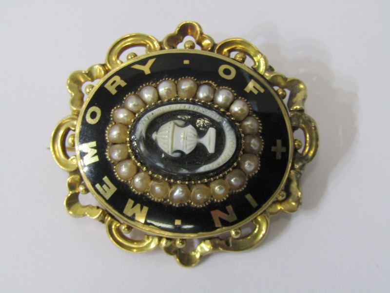 MOURNING JEWELLERY, 2 mourning brooches both yellow metal and black enamel, 1 set with seed pearl, 1 - Image 2 of 4