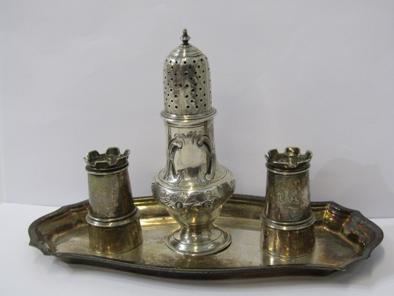 GEORGIAN SILVER SUGAR CASTER with floral decoration in relief, maker RP, 4.5" (approx 12cm)