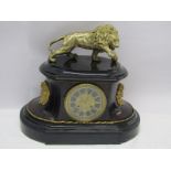 VICTORIAN MANTEL CLOCK, black marble lion crested mantel clock with French striking movement