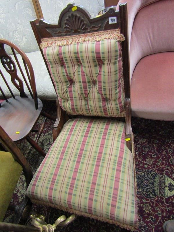 EDWARDIAN UPHOLSTERED NURSING CHAIR, carved shell cresting