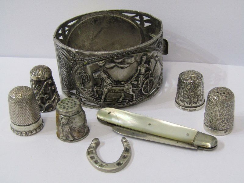 SILVER ITEMS, vintage silver bangle of Egyptian design depicting Pyramids Faro riding his Horse &