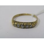 18CT YELLOW GOLD OLD CUT 5 STONE DIAMOND BOAT STYLE RING, size Q/R
