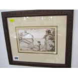 G. SANTINI, 17th Century sepia pen drawing "Figure in Italian Landscape", signed with monogram, 4.5"