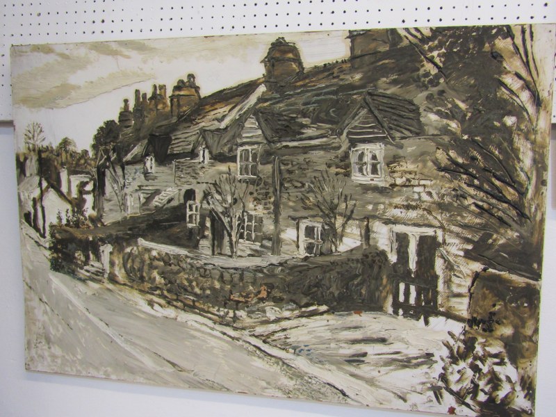 FRED YATES, signed sepia oil on canvas "Cornish Cottages", 24" x 36" (presented by Artist to Vendor)