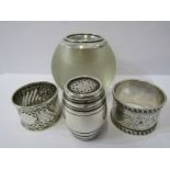 NOVELTY SILVER PEPPERETTE, in the form of a barrel, maker WJH, Birmingham, 1904, also 2 silver