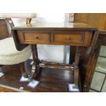 REGENCY DESIGN INLAID MAHOGANY DROP LEAF TWIN DRAWER OCCASIONAL TABLE, with splayed legs and