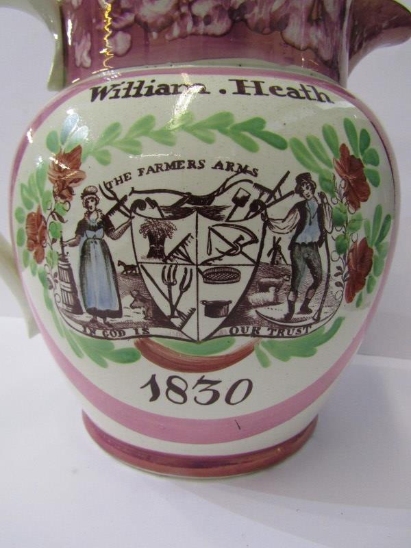 SUNDERLAND POTTERY, pink lustre 9" jug, inscribed "William Heath 1830", with Iron Bridge and Farmers - Image 2 of 5