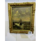 19th CENTURY OIL ON PANEL, indistinctly signed A. Chapuis (?) "Sailing Ship in Estuary", 8" x 6"