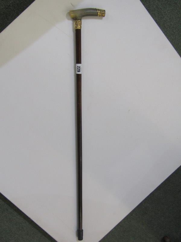 WALKING CANE, gold mounted horn handled walking cane