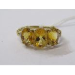 9ct YELLOW GOLD 3 STONE CITRINE RING, 3 slightly graduated citrines of good colour, with accent