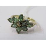 9ct YELLOW GOLD CHRYSO BERYL & DIAMOND CLUSTER RING, size N