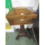 EARLY VICTORIAN ROSEWOOD NEEDLEWORK TABLE, tapering square column on quatrefoil base (requires