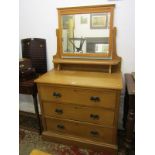 EDWARDIAN SATIN WALNUT TRIPLE DRAWER MIRRORED DRESSING CHEST, stamped metal Art Nouveau handles, 36"