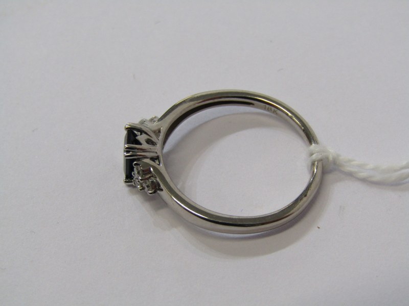 18ct WHITE GOLD, SAPPHIRE & DIAMOND RING, principal rectangular cut dark royal blue sapphire with - Image 2 of 3