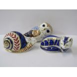 ROYAL CROWN DERBY PAPERWEIGHTS, collection of 3 comprising of Snail, Fox and an Owl