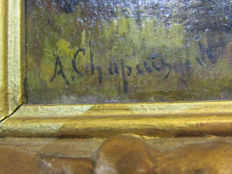 19th CENTURY OIL ON PANEL, indistinctly signed A. Chapuis (?) "Sailing Ship in Estuary", 8" x 6" - Image 3 of 3